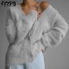 YYFS Women's Fashion Casual Fall Winter Solid Color Print Long Sleeve V-Neck Sweaters