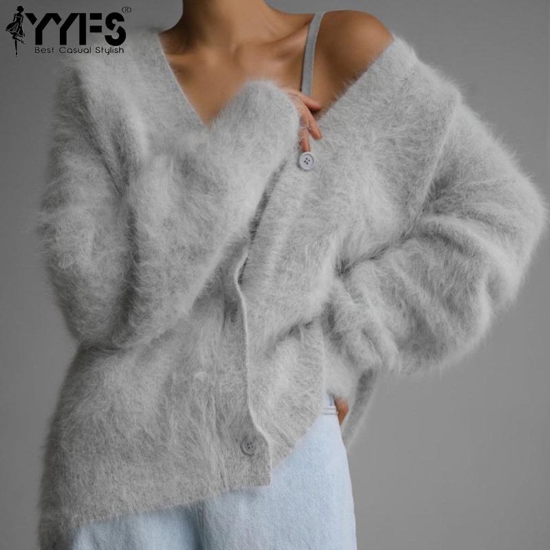 YYFS Women's Fashion Casual Fall Winter Solid Color Print Long Sleeve V-Neck Sweaters