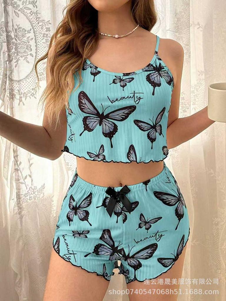1011 Popular Homewear Pajamas Women's Summer Large Size Sexy Underwear Suspender Shorts Two-piece Set Butterfly