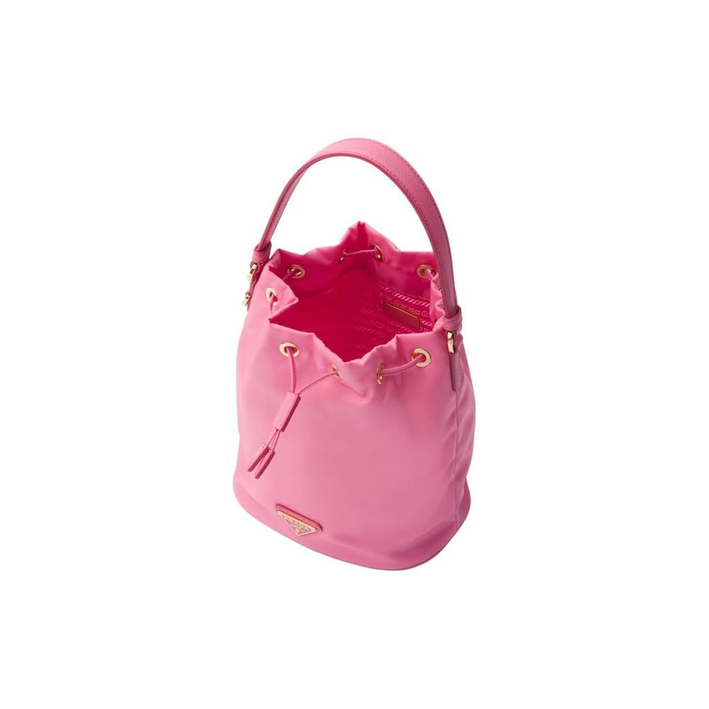 Prada Re-Edition Re-Nylon Enamel Triangle Metal Logo Drawstring Closure Fabric And Leather Bucket Bag Mini Women bags Coral-Pink 1BE067_R064_F0638