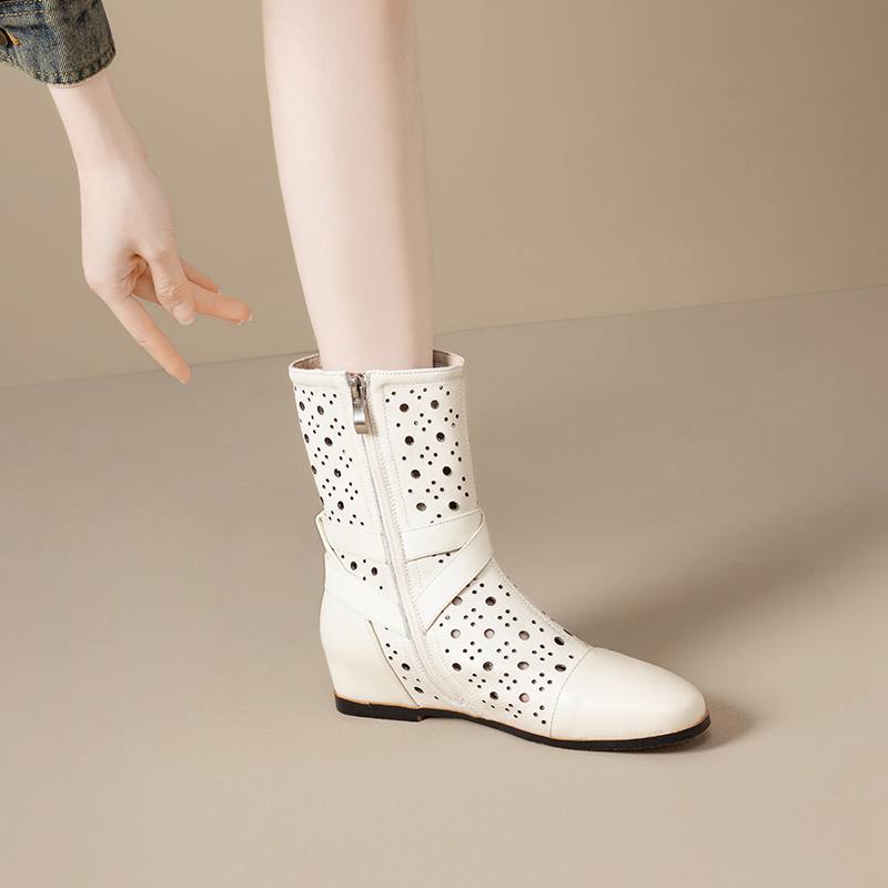 Krazing Pot Cow Split Leather Round Toe Size 43 Increaseing Summer Boots Fashion Hollow Decorations Buckle Summer Boots