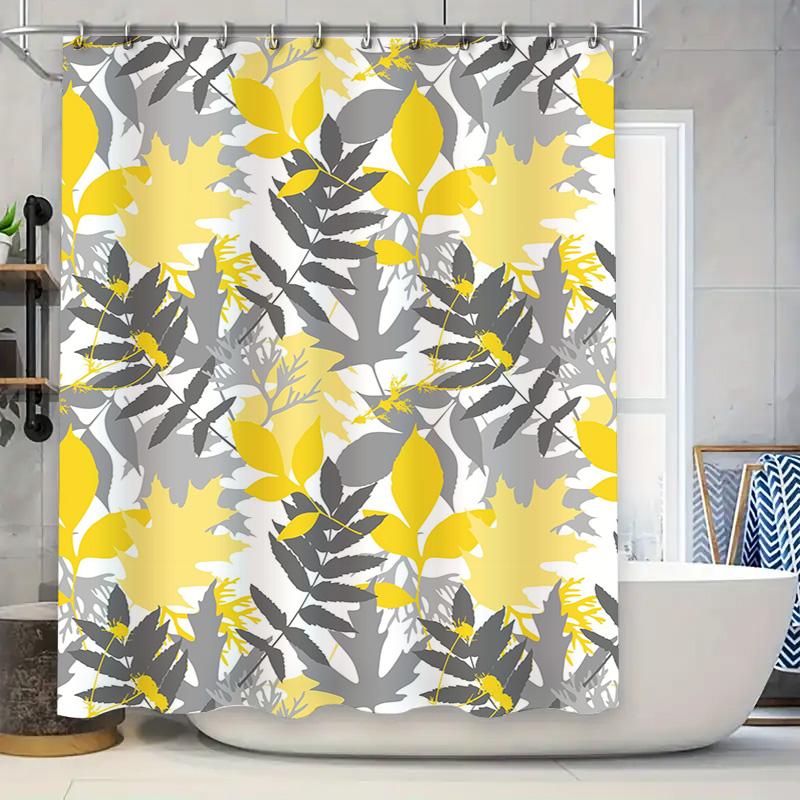 

Stylish Yellow Gray Floral Shower Curtain Modern Bathroom Decor for Home Kitchen or Bath Waterproof Fabric with Hook Rings Set 90x180cm