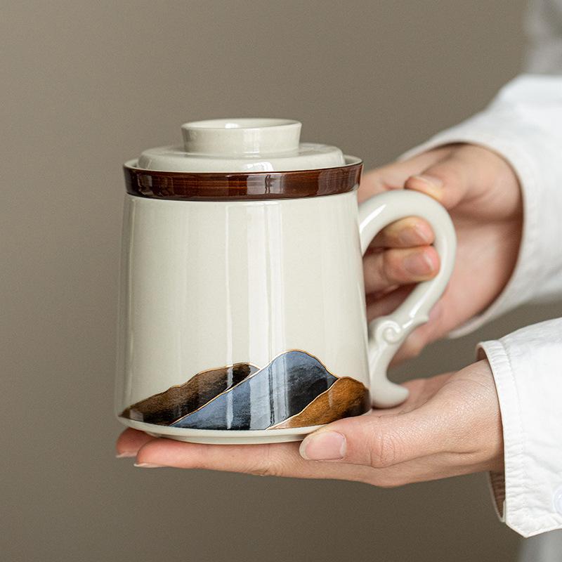 Mountains and rivers tea separation tea cup ceramic mug with lid wooden handle filter tea tea cup office