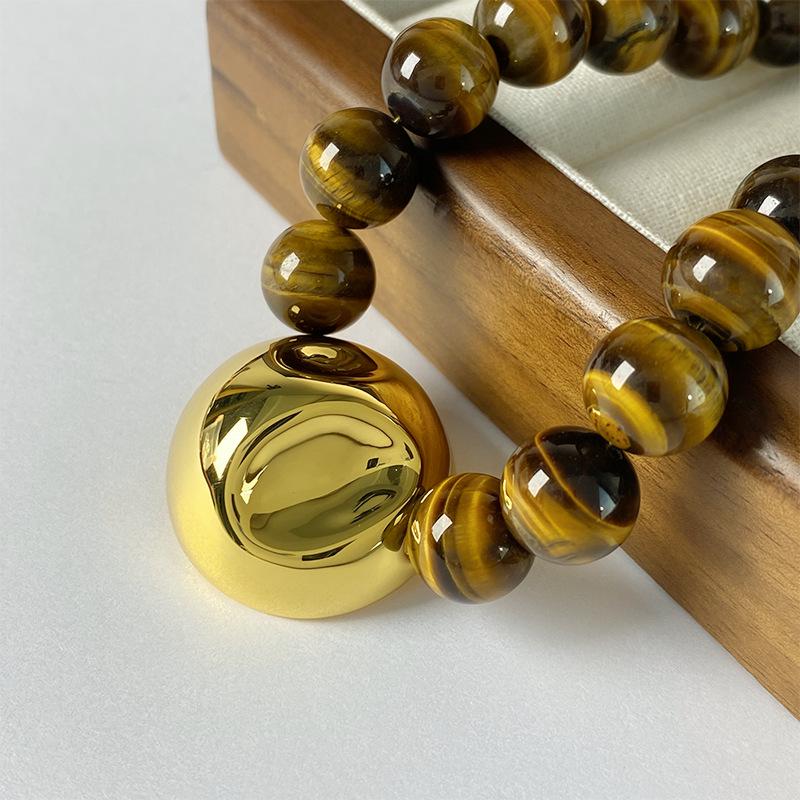 Luxury Tiger Eye Beaded Necklace with Metal Pendant