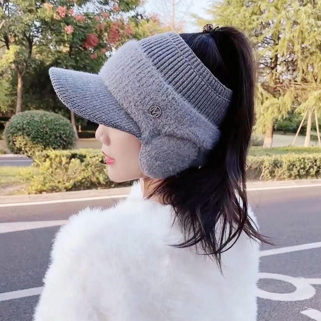 Casquette de baseball en tricot à bec de canard pour femme - Printemps, automne, hiver - Chapeau cache-oreilles chaud creux de style coréen