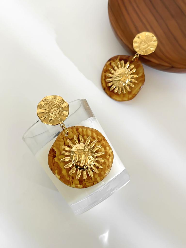 GHIDBK Vintage Trendy Amber Resin Golden Sun Round Drop Earrings for Women Unique Stainless Steel Party Daily Zircon Waterproof