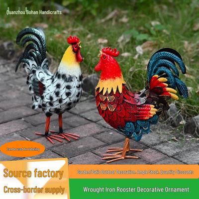 Colorful Wrought Iron Rooster Outdoor Courtyard Standalone Metal Decoration