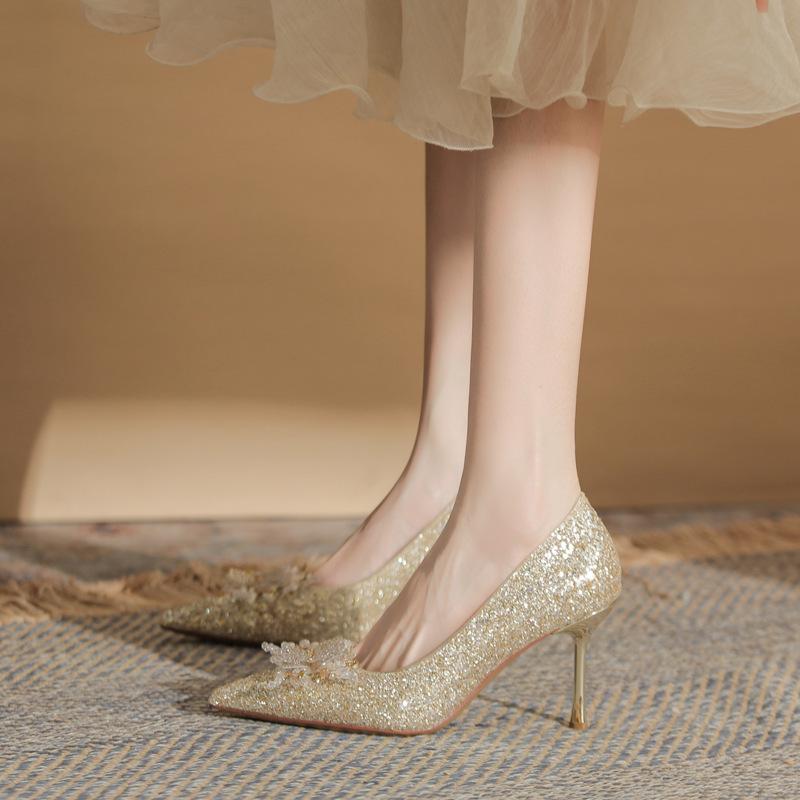 High heels are not tired of feet, silk sequins, flower shoes, thin heels, women's shoes, versatile pointed single shoes, sandals, women's summer