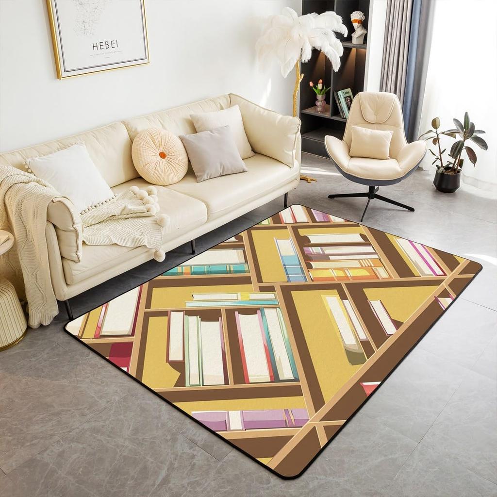 Bookshelf Area Rug for Teen Study Room Decor Library Book Print Carpet Vintage Bookshelf Living Room Doormat Bookcase Floor Mat