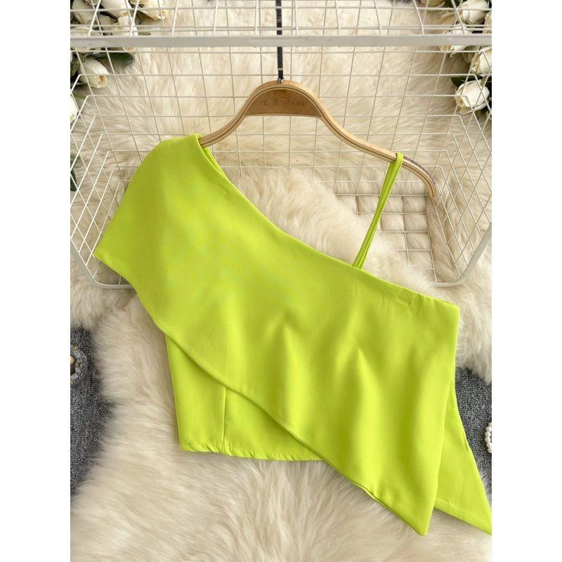 Sweet and Spicy Small Top Women's Stylish One-Shoulder Cold-Shoulder Single-Side Sling Silm Short Crop Top Versatile Holiday Small Shirt Fashion