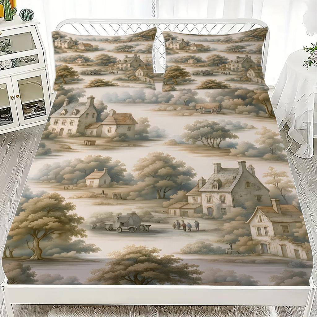 3D Digital Printing Mountain Village Woods Fitted Sheet Set NO Pillowcases Serene Peaceful Washed Cotton Material Comfortable