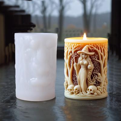 2025 Witch Cylinder Candle Silicone Mold Skull Relief Cylinder Resin Silicone Mould Halloween Gift Witch Cylinder Gypsum Molds