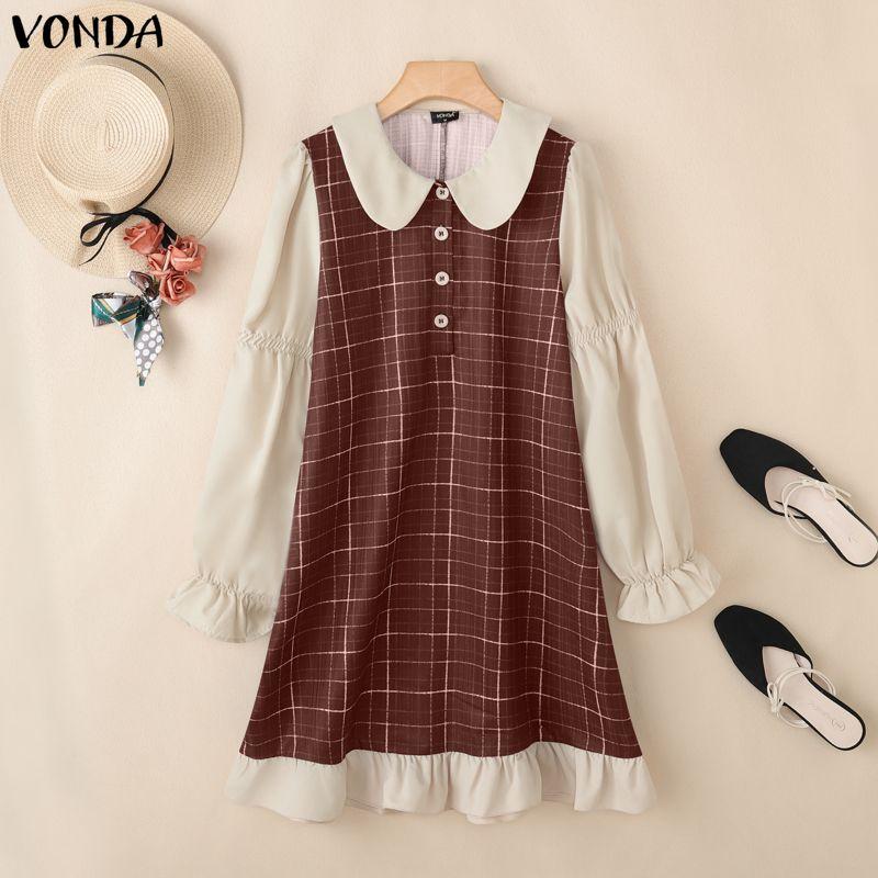 VONDA Women Lapel Neck Casual Long Sleeve Retro Plaid Patchwork Ruffled Shirts Dress