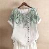 Women's 2026 Summer Retro Faux Cotton Linen Print Loose Casual Short Sleeve T-Shirt