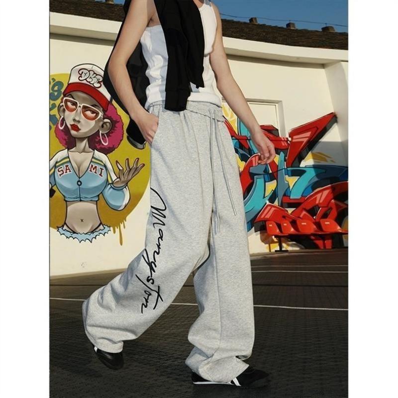 Damen Koreanische Hip Hop Buchstabenprint Jogginghose, Frühling Herbst Kordelzug Weiter Bein Lässige Jogginghosen Einzigartiger Streetwear Tanz Locker Lange Hosen