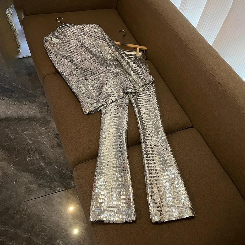 Solid Sequin Two Piece Sets Women Lapel Long Sleevel High Waist Pants Elegant Set Fashion