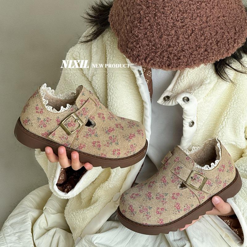 Winter new girls' big cotton shoes lace edge floral fleece frosted leather cotton shoes