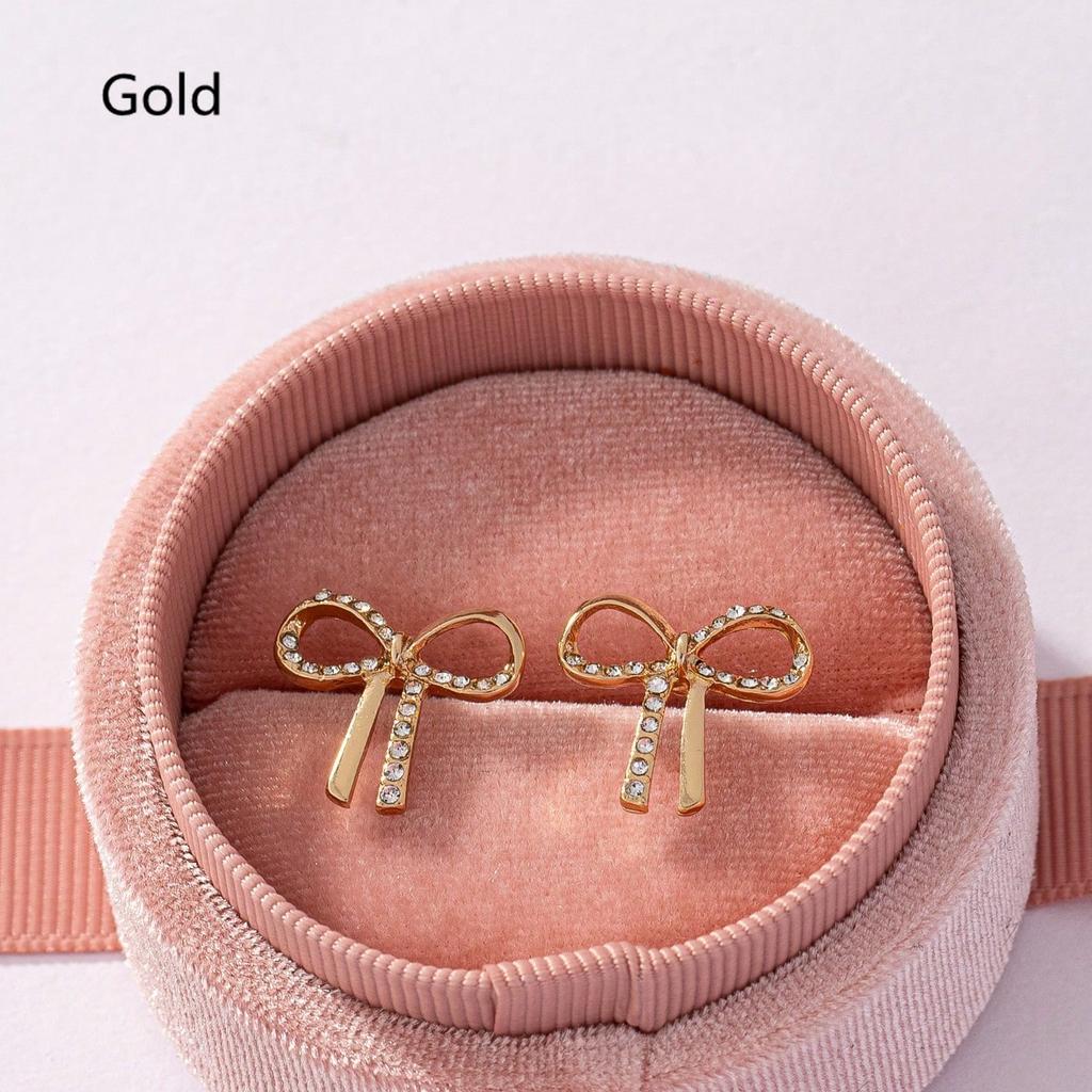 A Pair of Women's Fashionable Earrings, Simple and Elegant Zinc Alloy Earrings with Rhinestone Bowknots, Suitable for Daily Wear and Gift-Giving