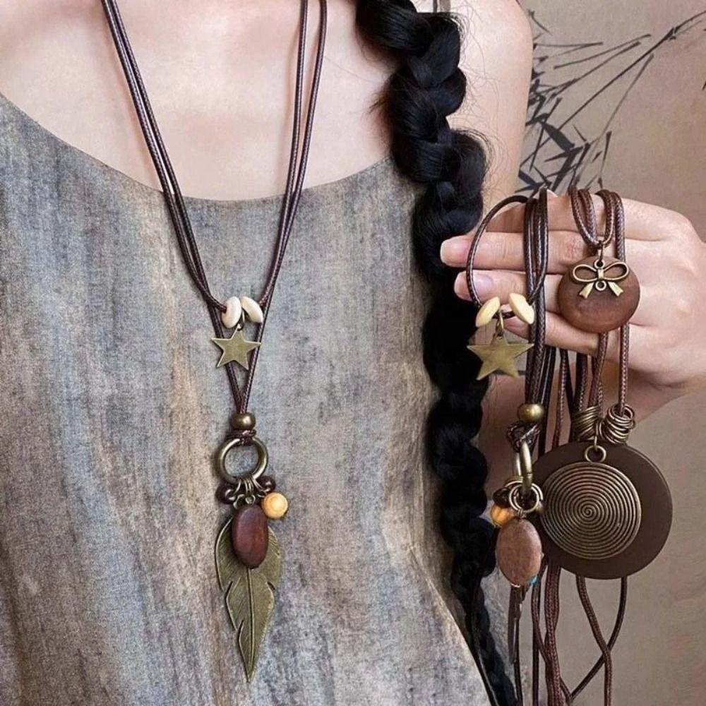 New Chinese Style Feather Leaf Pendant Necklace Vintage Sweater Chain Long Ropse Necklace Women