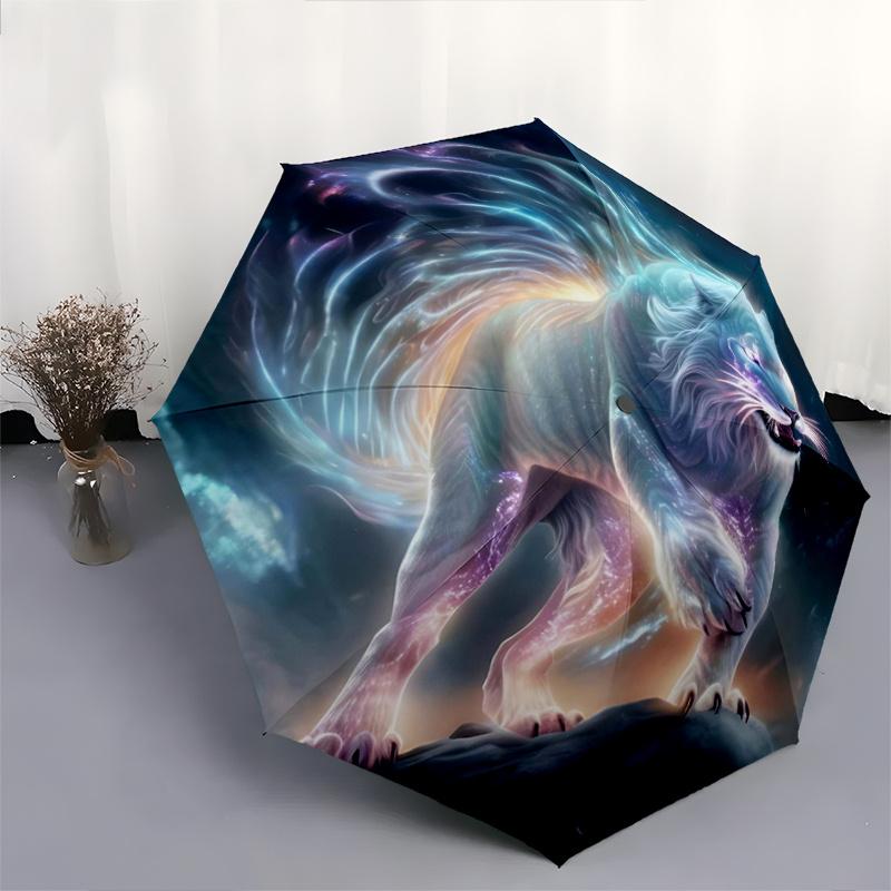 1pc Enchanted White Tiger Automatic Opening/Closing Umbrella with Portable Tri-Fold Design, 8-Bone Iron Frame - Outdoor Umbrella for Fans, Travel