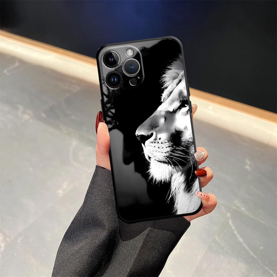 Animal Lion Pattern Case for iPhone 15 16 14 Plus XR 17Air 7 8 13 12 11 17 Pro Max XS Max Black Soft Phone Cover