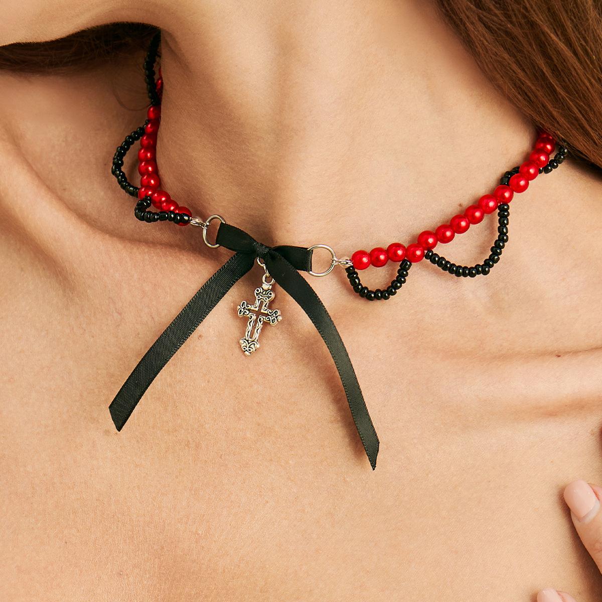 Wind Spice Girl Ribbon Bow Cross Necklace Female, Gothic Red Rice Bead Beaded Clavicle Necklace