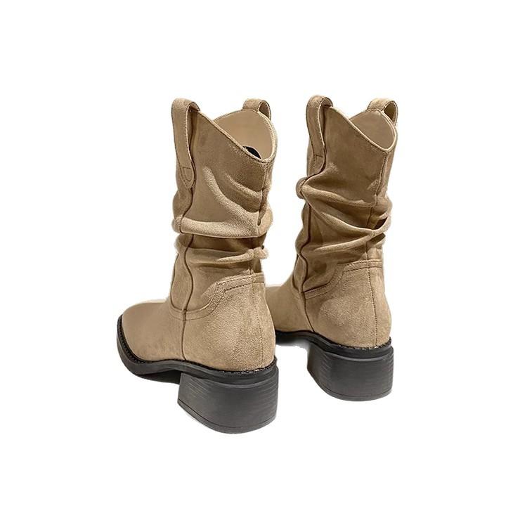 Popular retro pleated stacking boots 2025 new autumn and winter versatile style pointed thin thick heel short boots