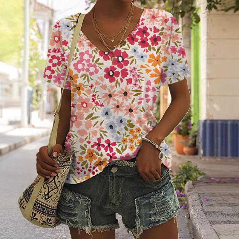 Summer Women's Casual Loose Fashion Digital Printed Multi-color V-neck Short Sleeved T-shirt