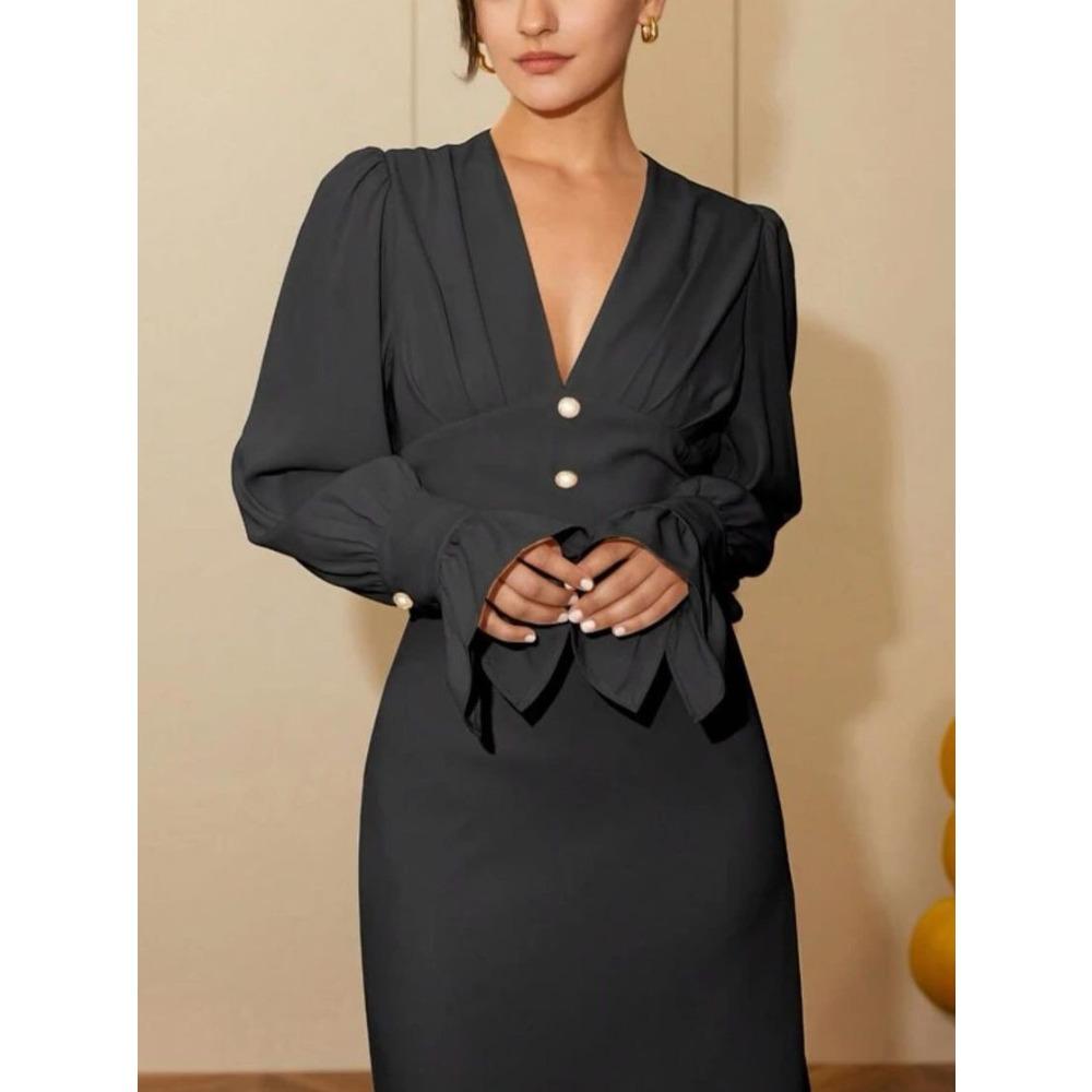 

Vintage classic design V-neck slim French chiffon A-shaped skirt Spring and Autumn dress XL чорний