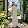Sexy Celebrity Solid Color Waist Pleated Swing Neck Mesh Splicing Suspender Dress Women's Summer Slim Hip Wrap Dress