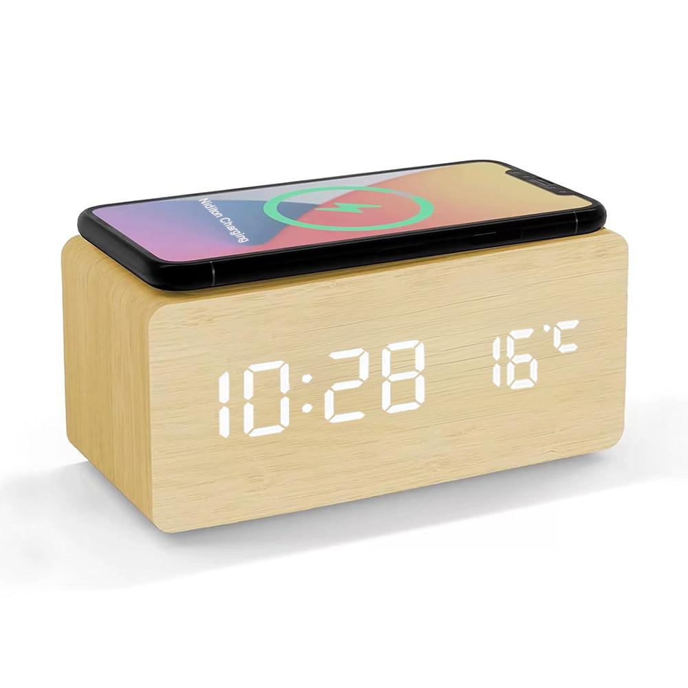 Wooden Digital Alarm Clock with Wireless Charging Temperature Display LED Desk Clock for Office Bedroom Bedside Décor Gift