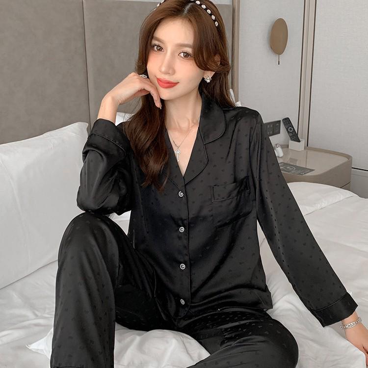 Women's Heart-Shaped Jacquard Ice Silk Pajamas - Long Sleeve & Pants