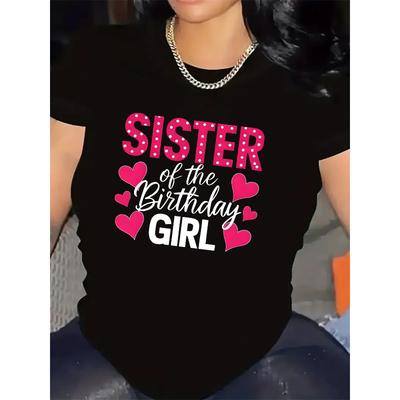 Women's Sister Of The Birthday T-Shirt Pink Heart Print Short Sleeve Casual Party Family Wear Top