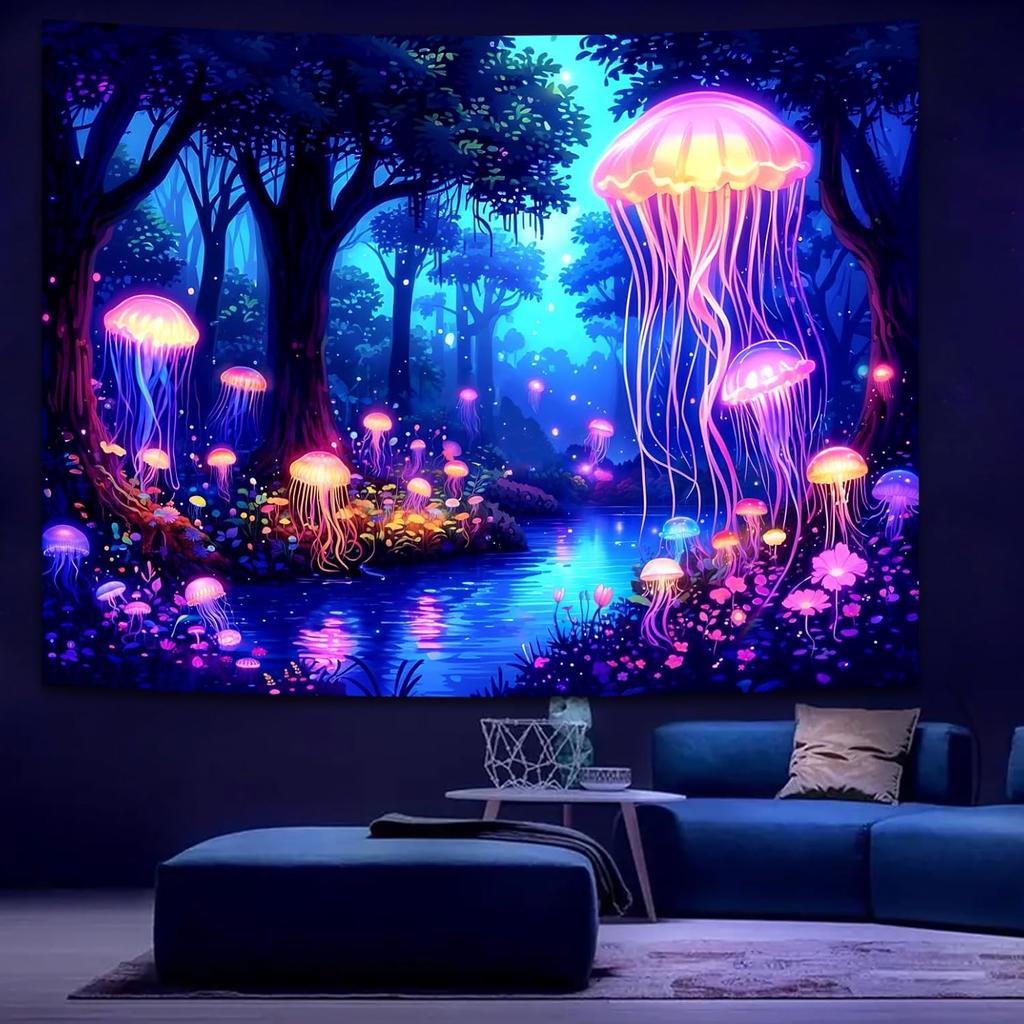 Manicer Blacklight Jellyfish Forest Tapestry – UV Reactive Fantasy Underwater Jellyfish In Enchanted Forest, Glow In the Dark Neon Nature Art Wall