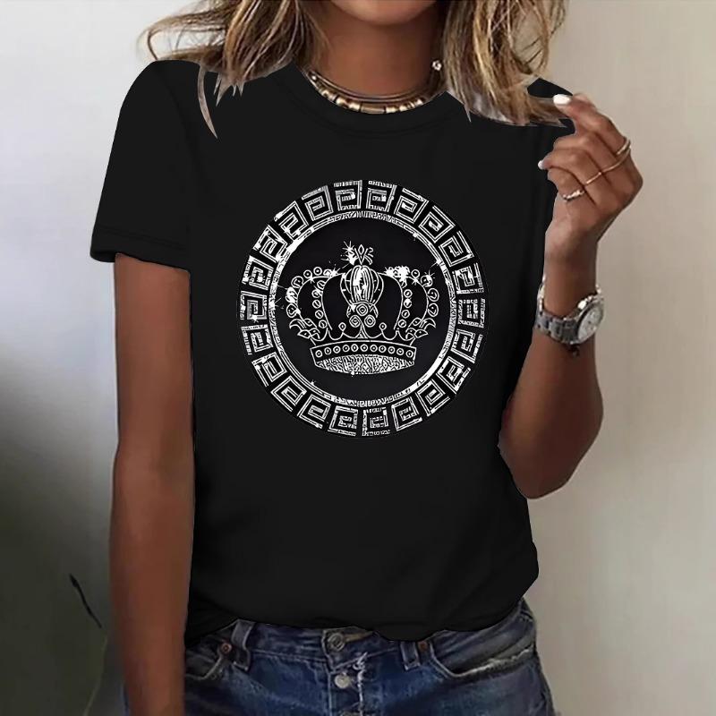 Women's Short-sleeved Loose and Fashionable T-shirt with Crown Print