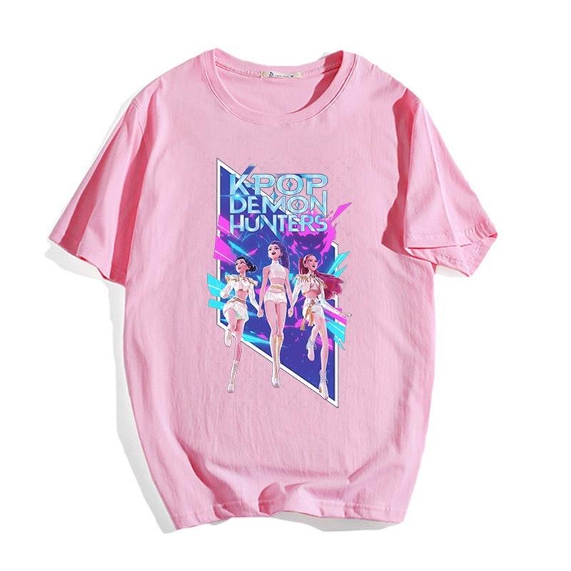 New Design Tshirts KPop Demon Hunters Printed Short Sleeve Trendy Casual Wear Girls Crewneck Pullovers Cute Simple All-match Base Shirt XXS розовый 1390₽