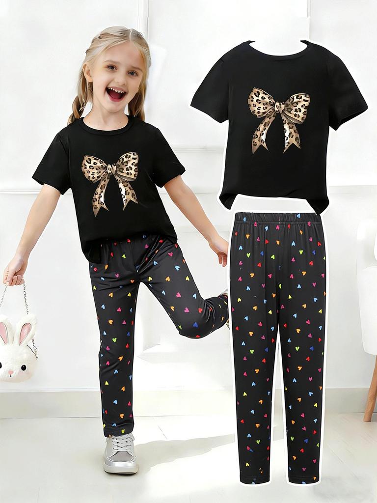 Girls' Summer Casual Short-Sleeve Long Pants Set - European & American Print