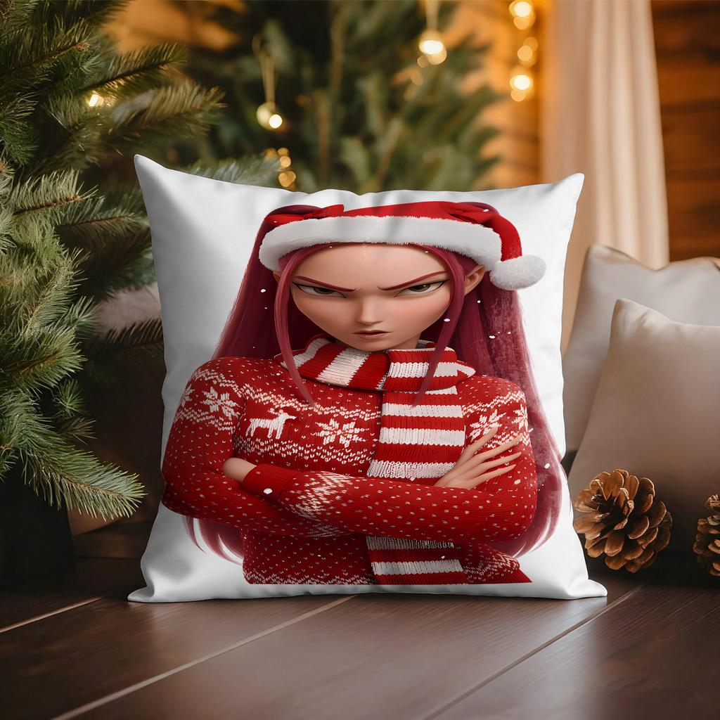 KPop Demon Hunters Blue Cat wearing Christmas Hat with Colorful Lights Christmas Pillowcase fashion Home Decoration
