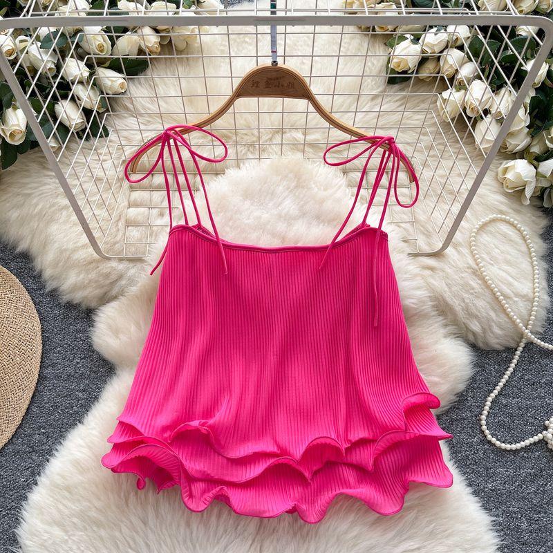 

Sweet Girl Full of Vitality Cami Women Summer Frill Loose Short Niche Design Light Luxury Beautiful Top Rose Red All yards