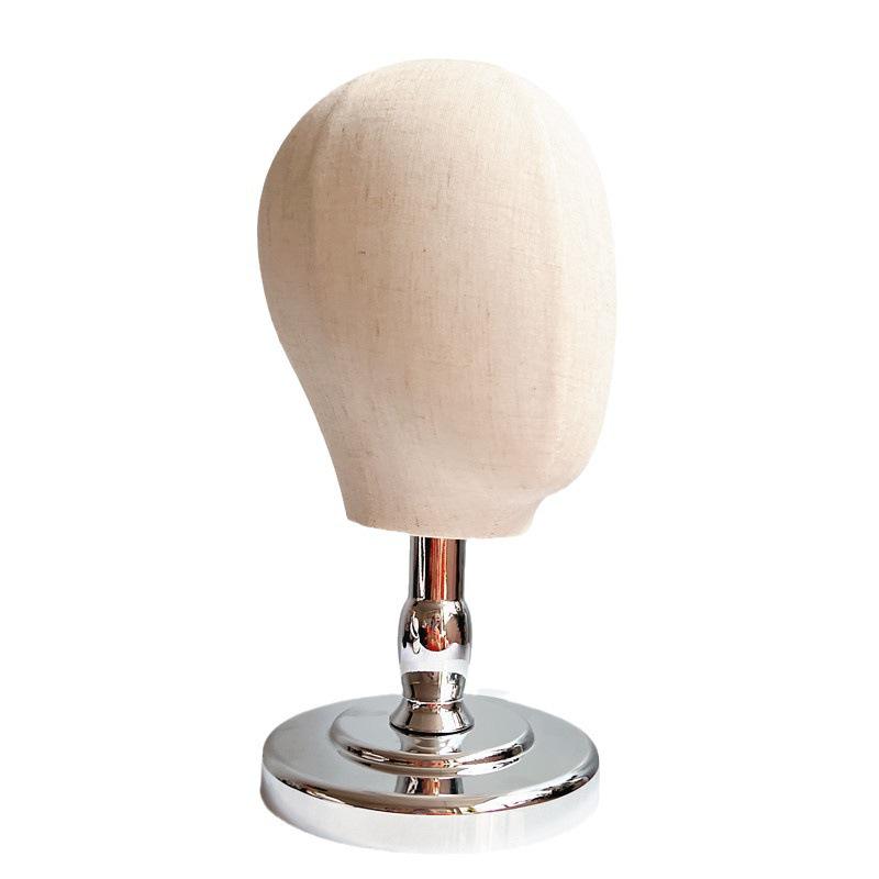 Burlap Head Mold with Gold & Silver Base - Short Neck Fabric-Wrapped Hat & Wig Display Stand