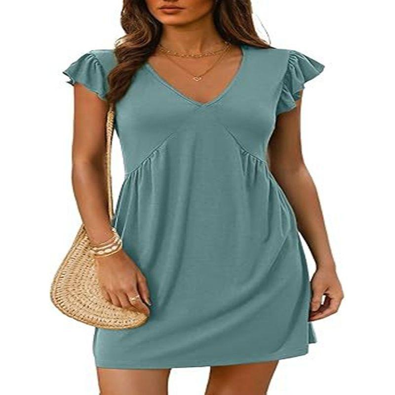 V-neck Flying Sleeve Solid Color Dress V-neck Ruffled Sleeve Pure Color Dress