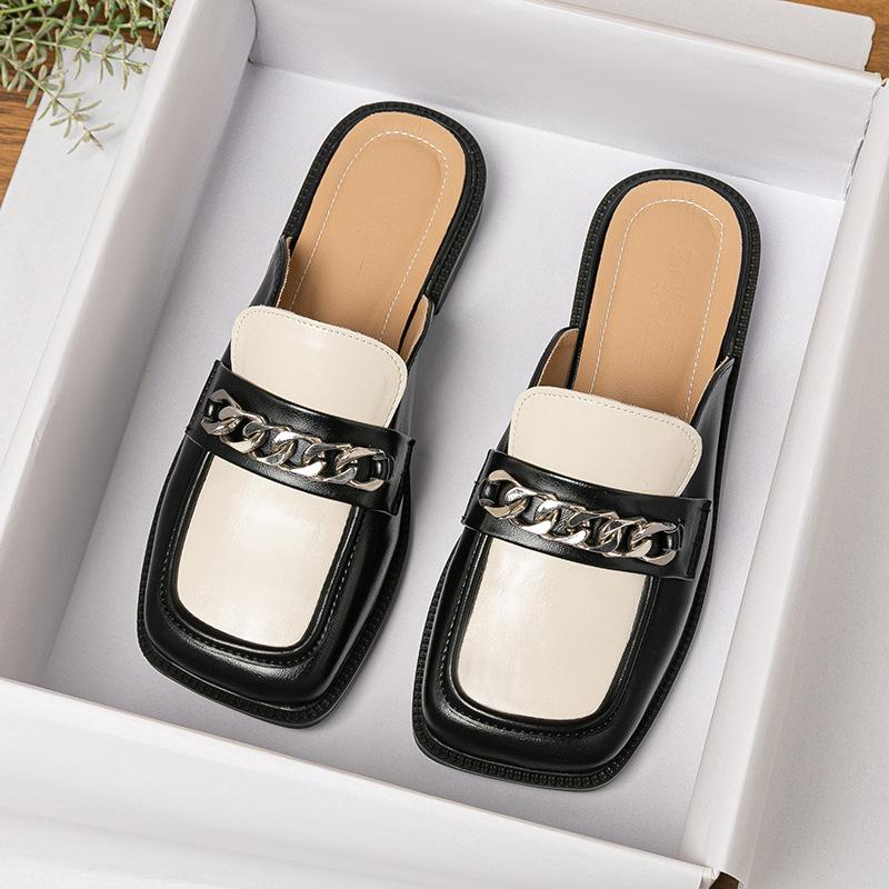 

Модные мюли с широкой посадкой и квадратным носком, женский бренд, цепочка, пантуфли, повседневная обувь слипоны, женские плоские сандалии, шлепанцы босиком, противоскользящие тапочки 35 чёрный