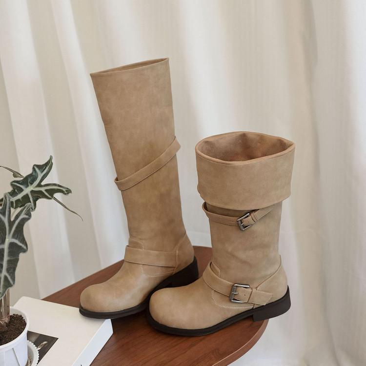 Full Cowhide Pile Western Boots 2025 Winter Thick Middle Heel Round Head Middle Heel Belt Buckle Loose High Boots Women
