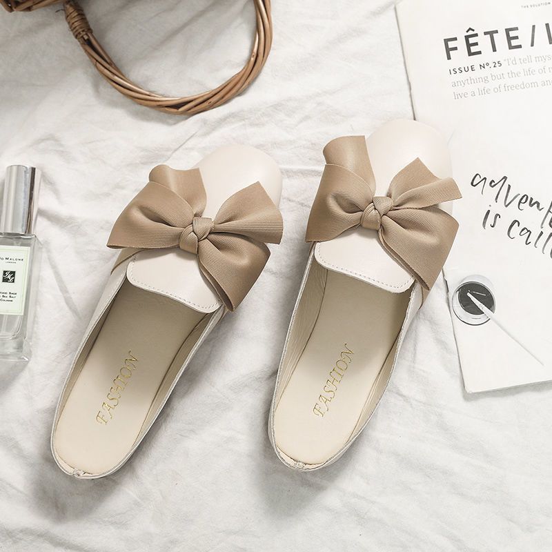 Flat bottom outer wear fashionable versatile bow single shoes 2025 spring and summer girl heart lazy net red bag head half slippers woman