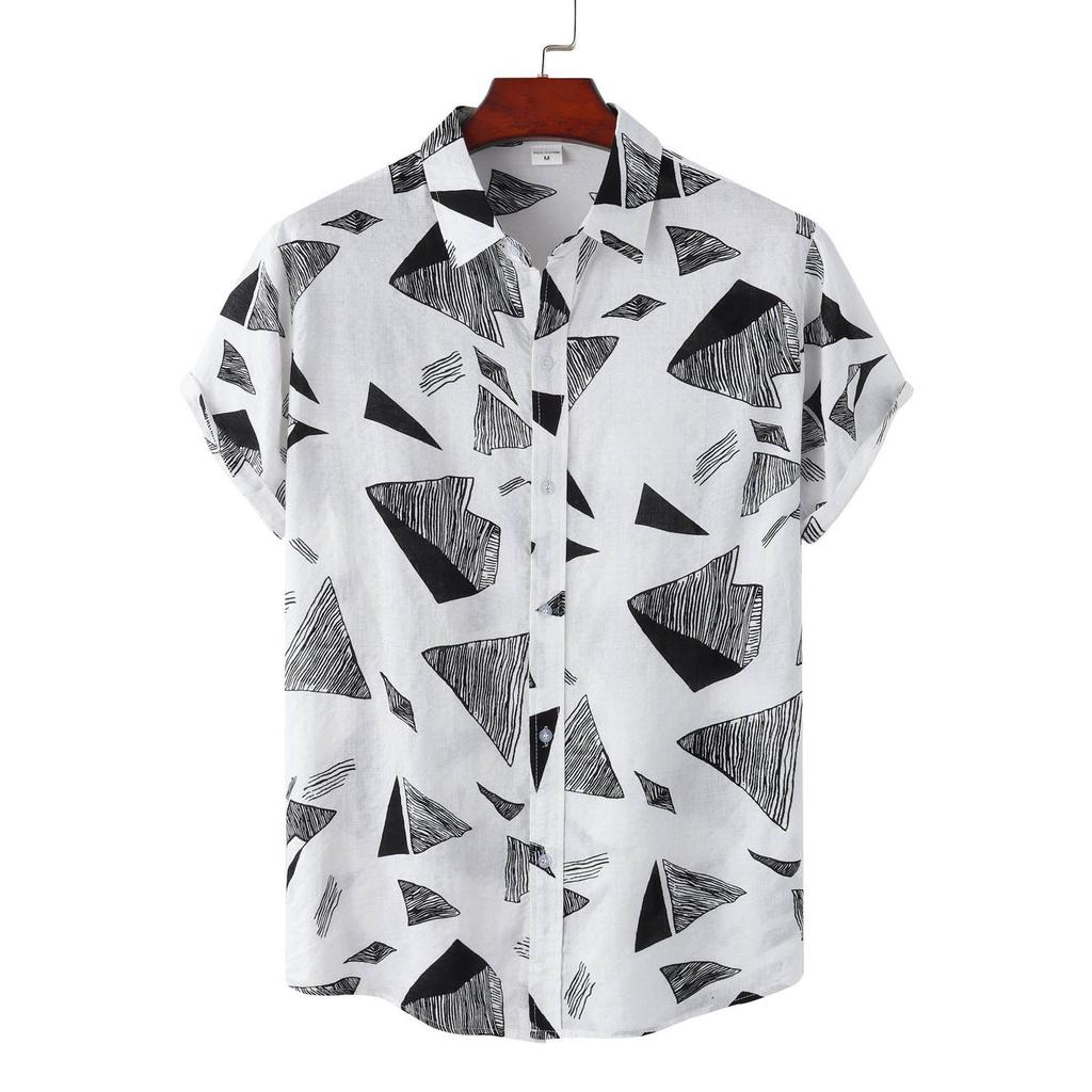 Men's Summer Casual Loose Resort Geometric Print Short Sleeve Top Beach Lapel Shirt