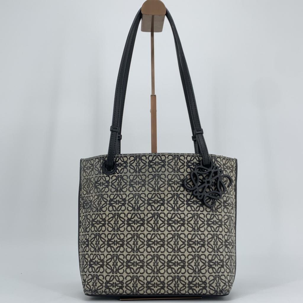 LOEWE Repeat Anagram Jacquard Square Tote Shoulder Bag Canvas Calf Leather Navy Blue Black