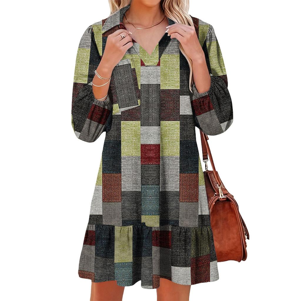 Women's fashionable and elegant long-sleeved V-neck pocket plaid print dress
