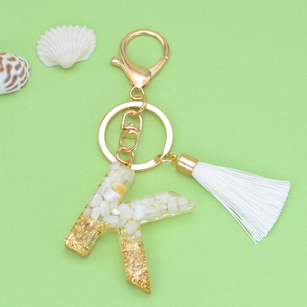 Trendy White Tassel Letter Keychain with Crystal Pendant