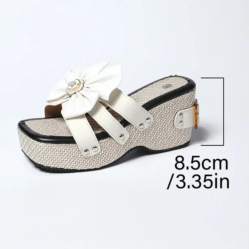 Fashion Fashion Shoes Bow Knot Platform Slippers for Women Buckle Design Sandals Thick Bottom Slides Ladies New Square Toe Wedge Sandals