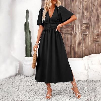 European and American Women's Skirts, Lotus Leaf Sleeves, Split Ends, Elastic Waist Dresses, Solid Color Long Skirts, Summer Female Youth